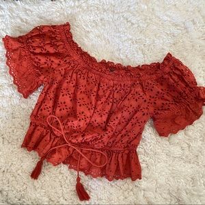 Cute orange off the shoulder eyelet lace crop top